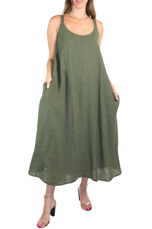 Womens 100% Linen Spaghetti Strap Maxi Dress | One Size Fits All (S-XL)