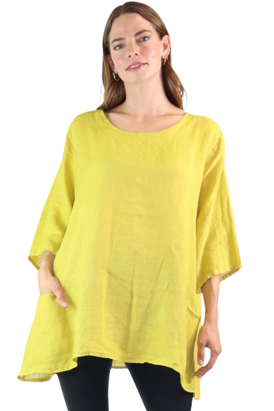Womens 100% Linen Loose Fitting Bohemian Tunic Top with 3/4 Sleeves and Front Pockets | One Size Fits all (S-2X)