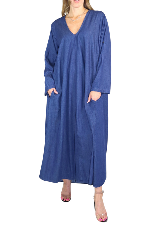 Women's Denim Linen Swing Maxi Dress, Loose Fitting, Made in Italy | Regular and Plus Sizes