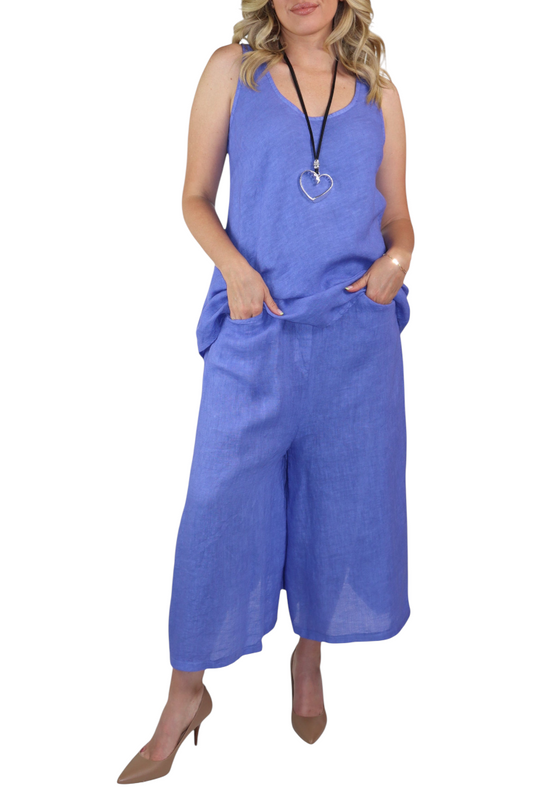 2 Piece Linen Culotte Pant Set, Linen Wide Leg Crop Pant Set, Linen Women Culotte Pants Set
