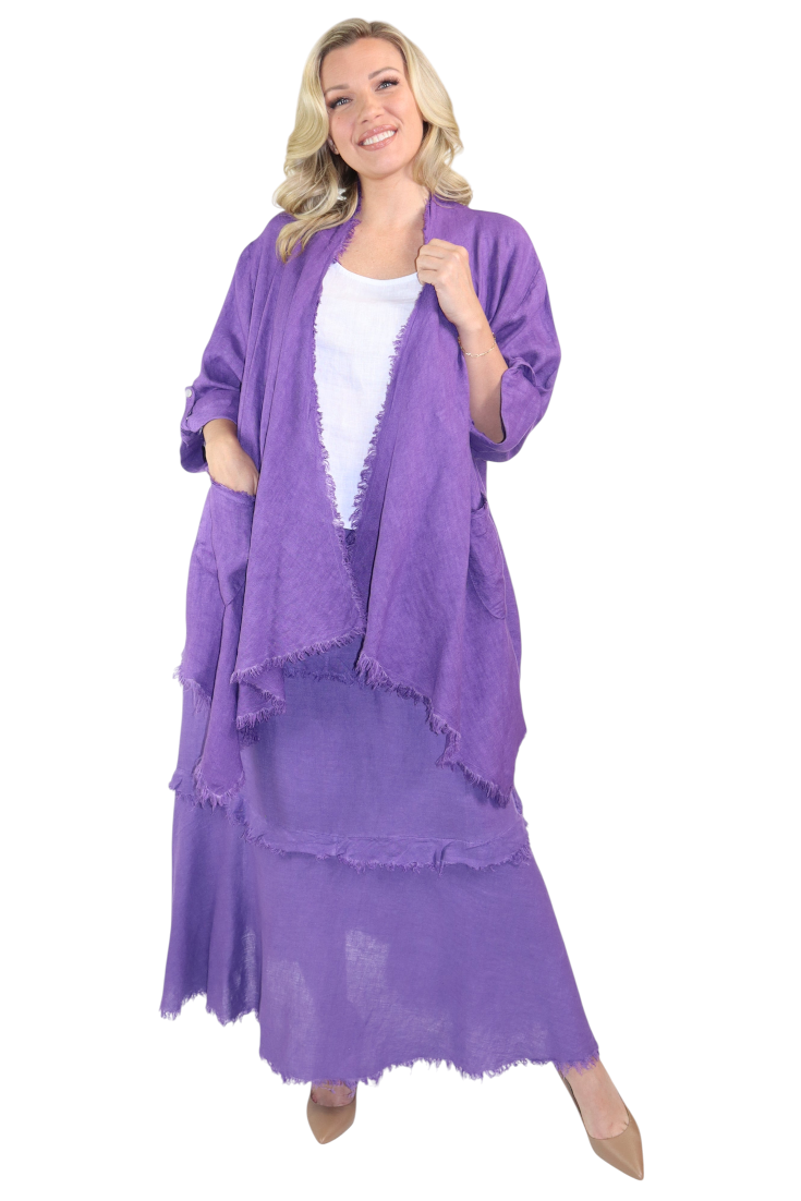 Womens 100% Linen 2 Piece Duster Jacket + Tiered Ruffled Skirt Set, Relaxed Comfy Fit | One Size (Fits S-2X)