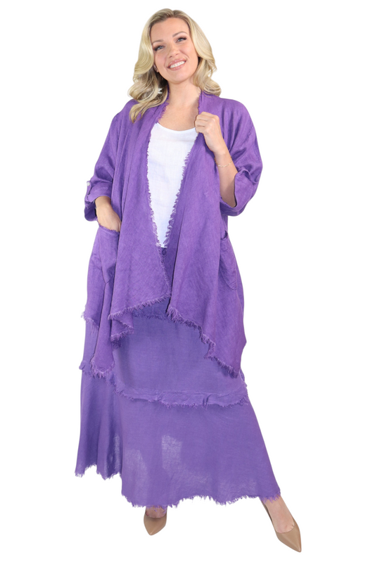Womens 100% Linen 2 Piece Duster Jacket + Tiered Ruffled Skirt Set, Relaxed Comfy Fit | One Size (Fits S-2X)