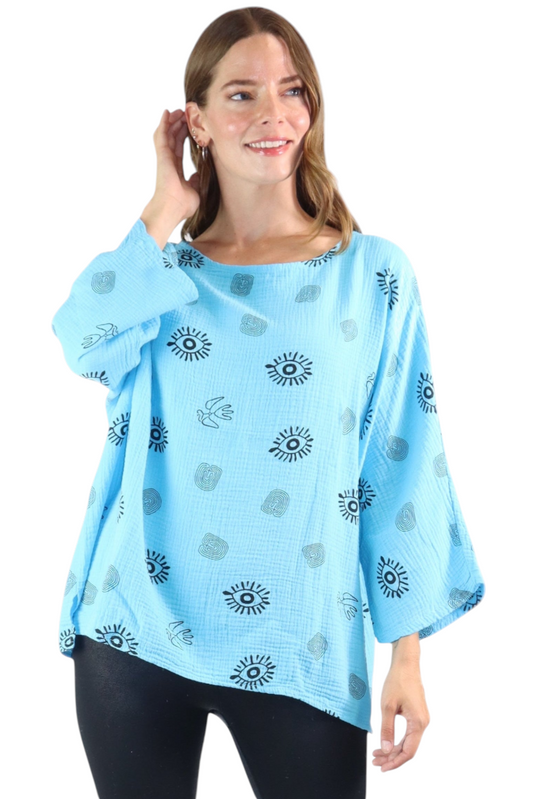 Womens Bohemian Oversized Baggy Artsy Print Cotton Gauze Tunic Blouse Top | One Size Fits all (S-3X)