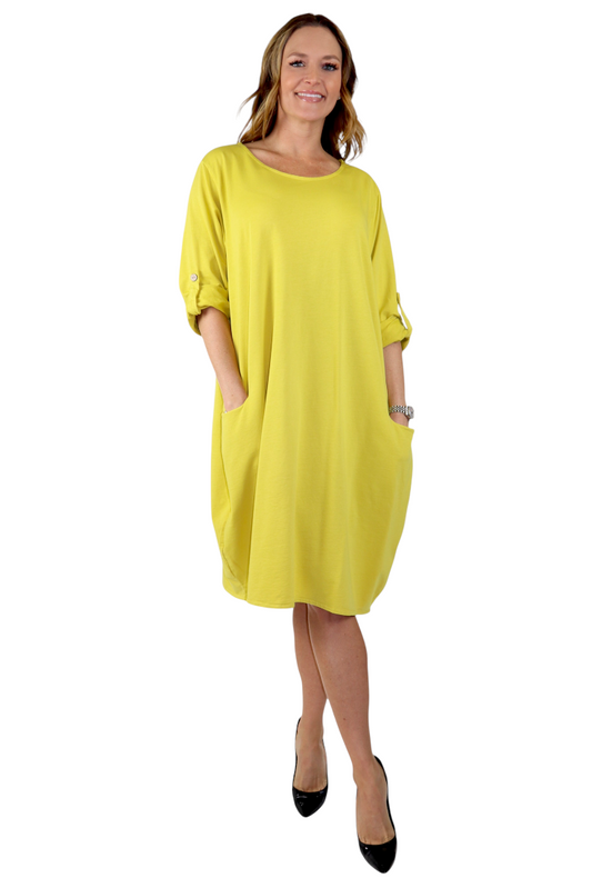 Womens Relaxed Fit Midi Dress with Ballon Hem and Front Pockets