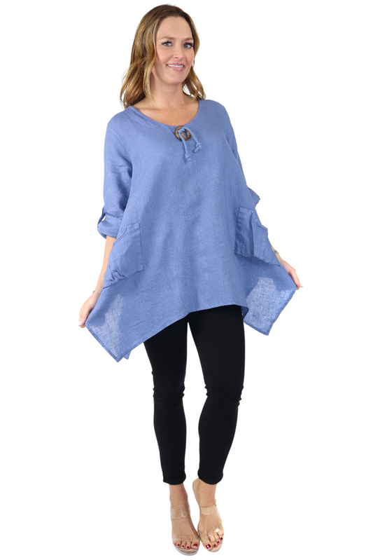 Womens Linen Relaxed Fit Oversized Tunic Blouse Top with Front Pockets and Asymmetrical Hem | Regular and Plus Sizes