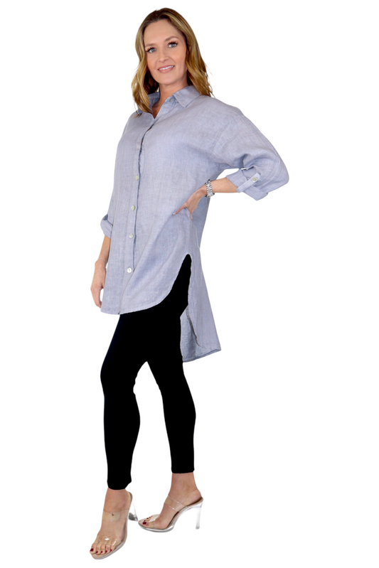 Womens 100% Linen Breathable Button Down Dress Tunic Shirt Top w/Roll Up Sleeves