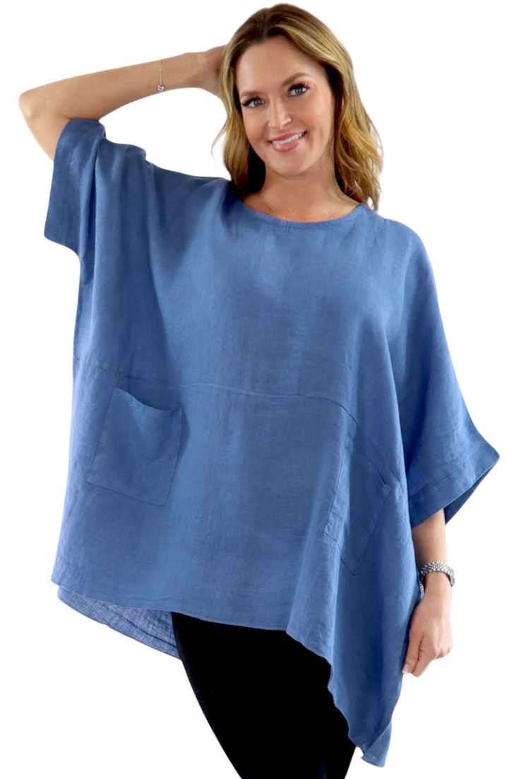 100% Linen Bohemian Boxy Poncho Style Tunic, Made in Italy | One Size Fits All (Sizes S-3X).