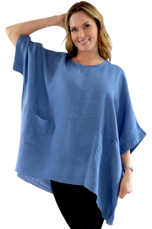 100% Linen Bohemian Boxy Poncho Style Tunic, Made in Italy | One Size Fits All (Sizes S-3X).