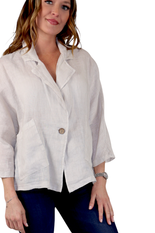 Womens 100% Natural Linen Loose Fit Short Crop Collared Blazer Jacket | One Size Fits All