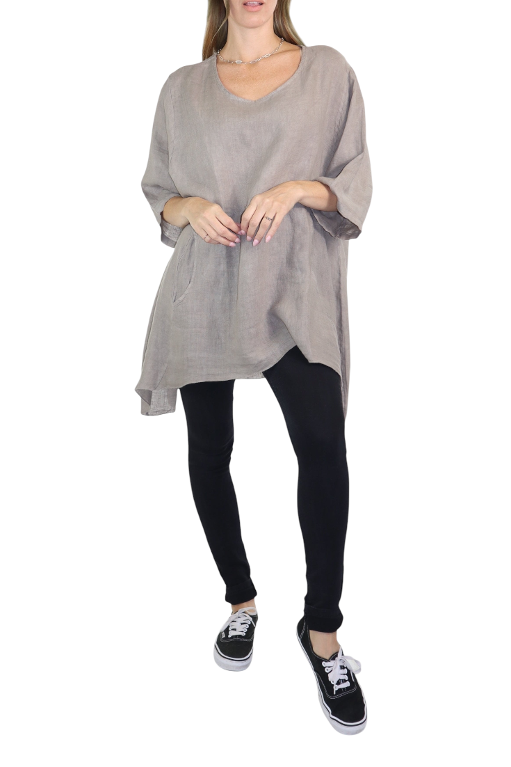 Linen Relaxed Fit Asymmetrical Hem Blouse Top with Front Pockets | One Size Fits All (Fits S-3X)