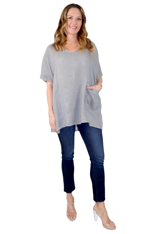 Womens 100% Linen Relaxed Fit V Neck Tee Tunic Blouse Top with Front Pocket, One Size Fits All