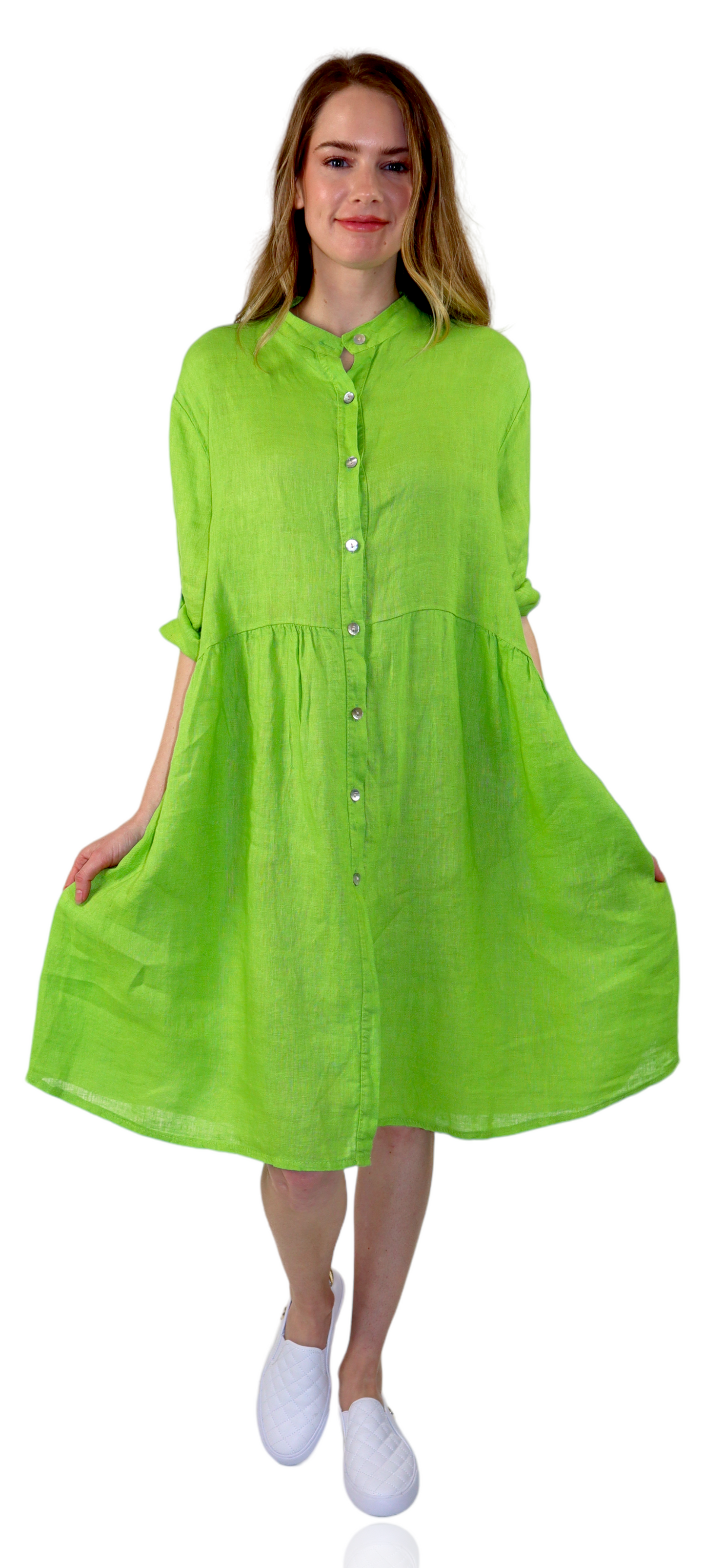 Womens Linen Flowy A Line Button Down Midi Tunic Blouse Dress Top