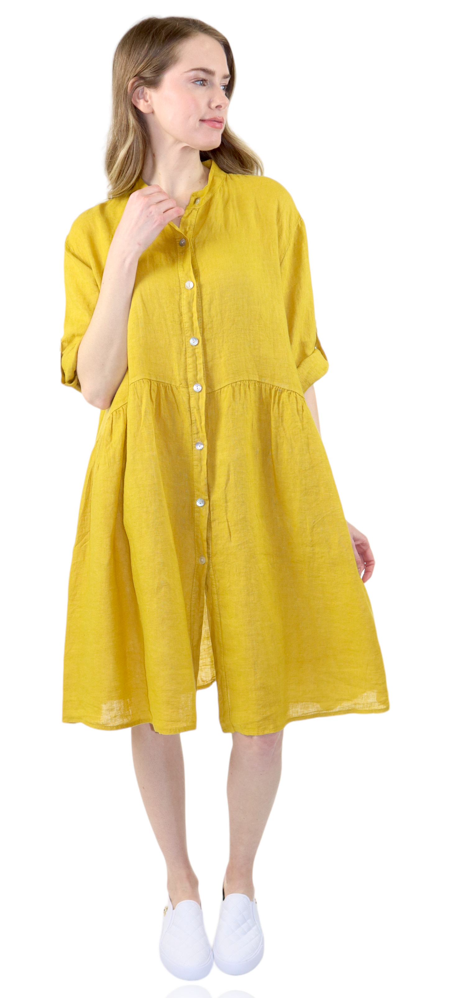 Womens Linen Flowy A Line Button Down Midi Tunic Blouse Dress Top