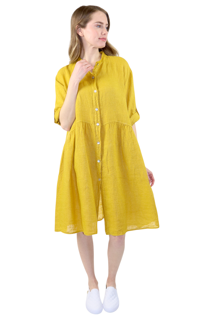 Womens Linen Flowy A Line Button Down Midi Tunic Blouse Dress Top