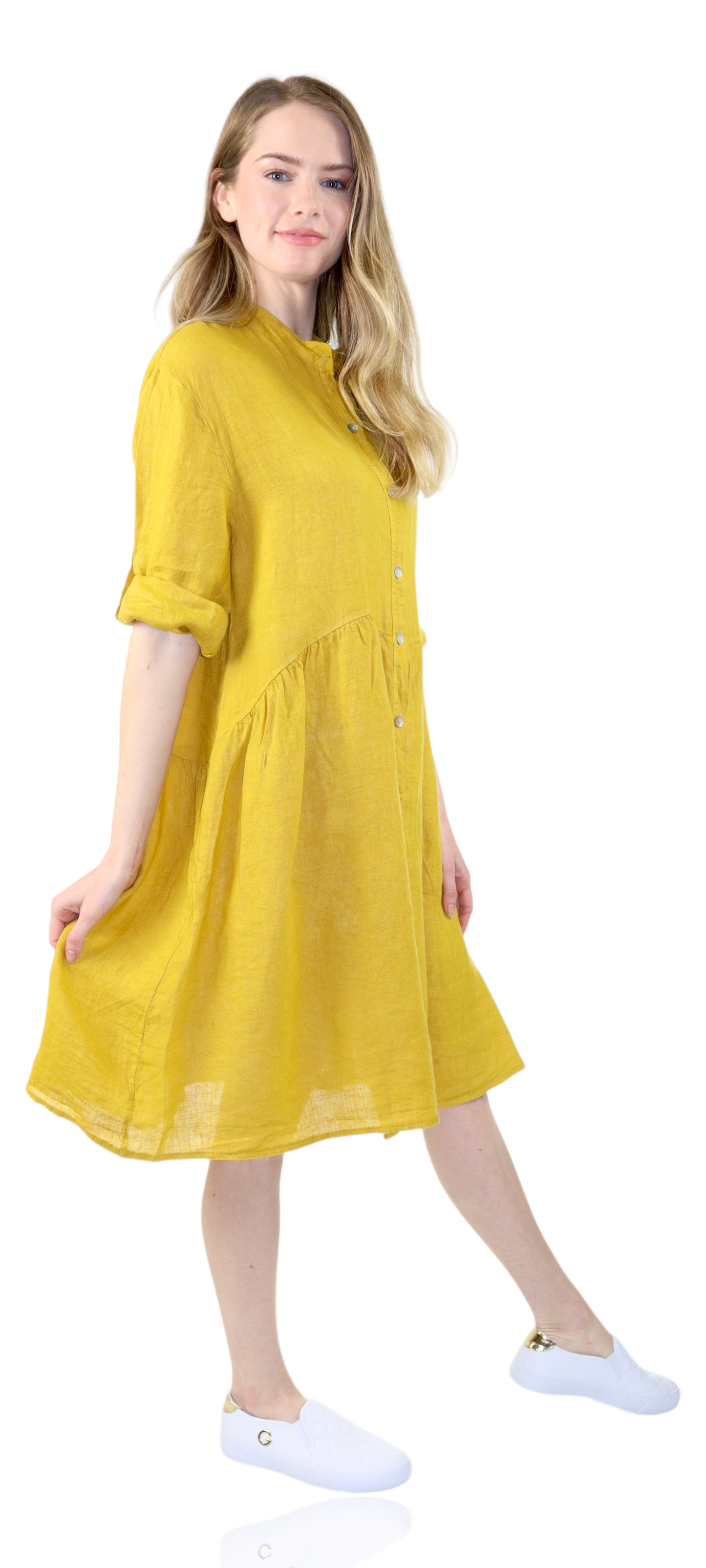 Womens Linen Flowy A Line Button Down Midi Tunic Blouse Dress Top