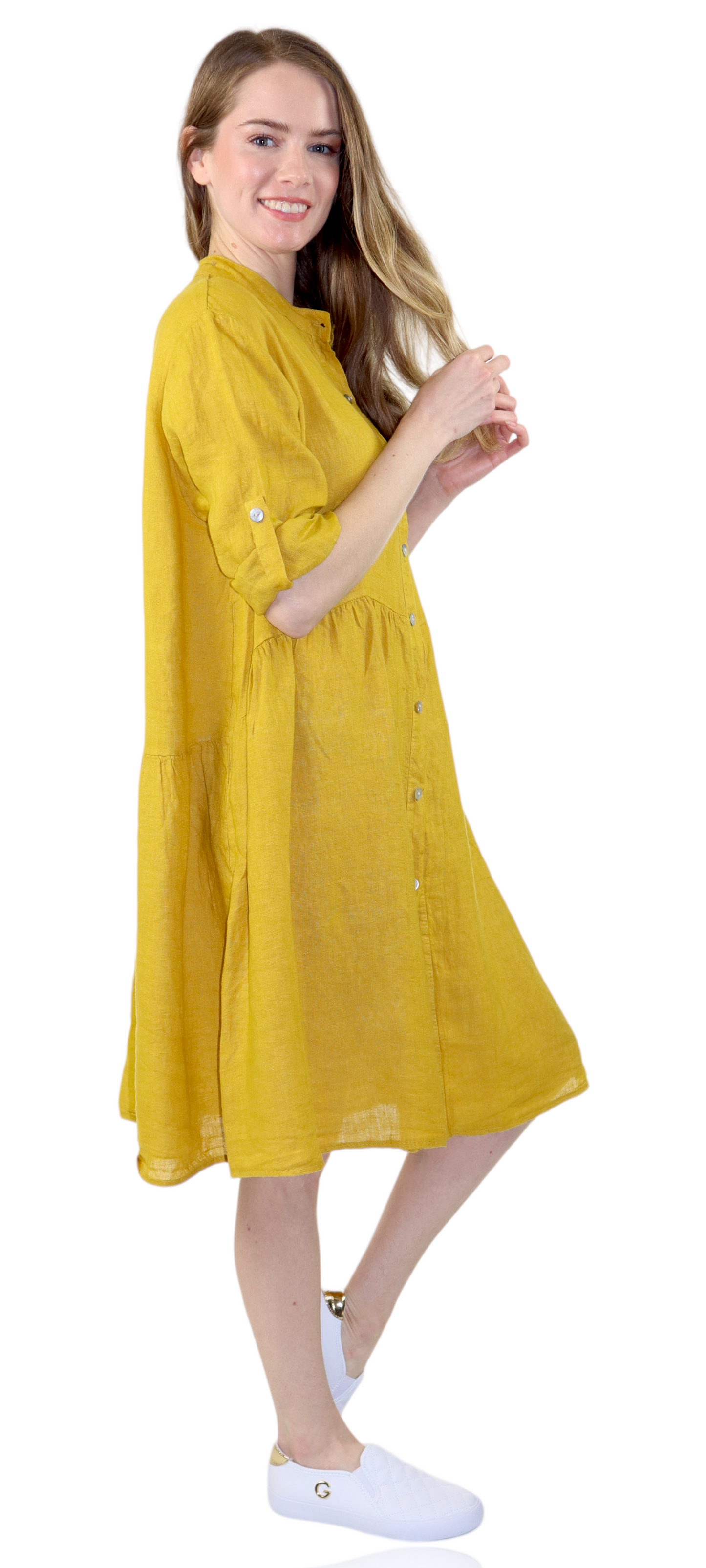 Womens Linen Flowy A Line Button Down Midi Tunic Blouse Dress Top