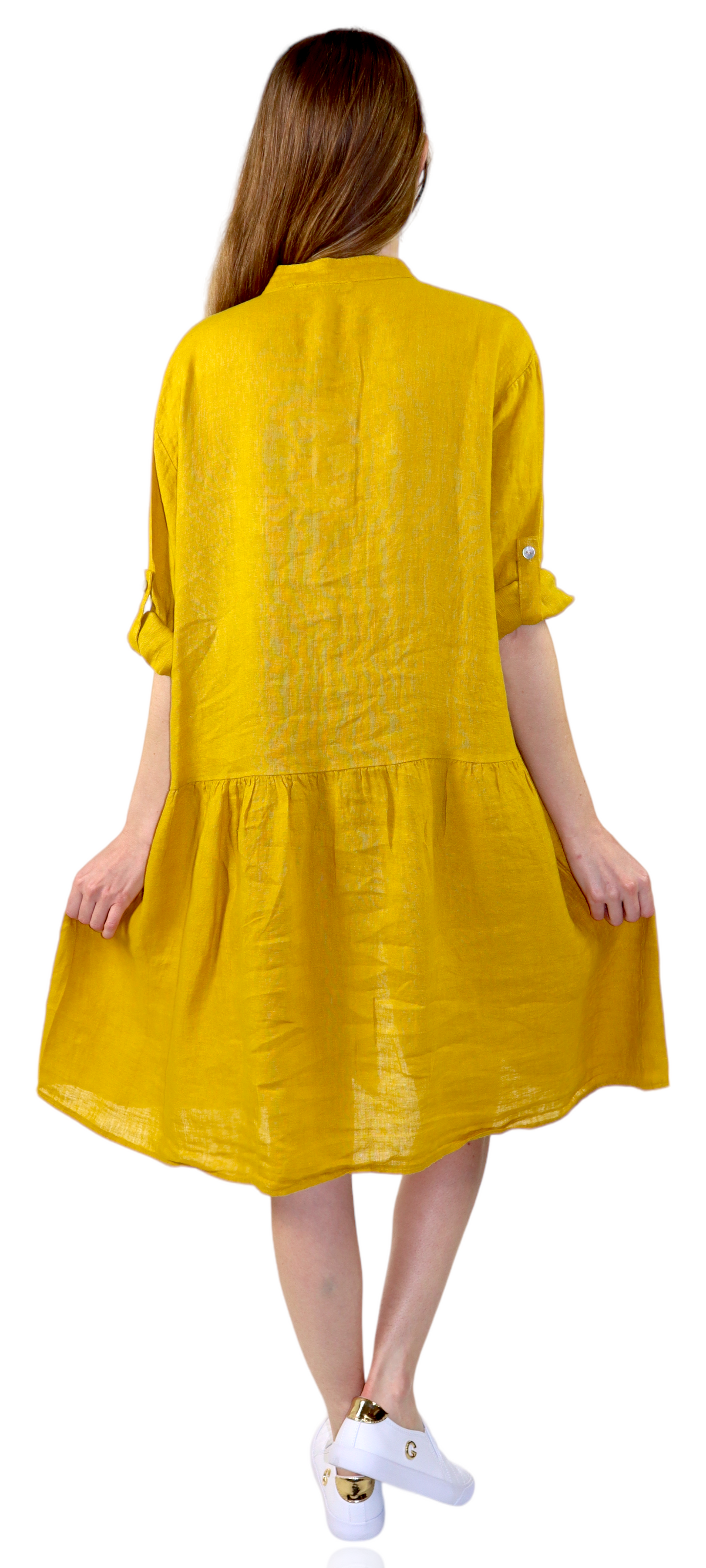 Womens Linen Flowy A Line Button Down Midi Tunic Blouse Dress Top