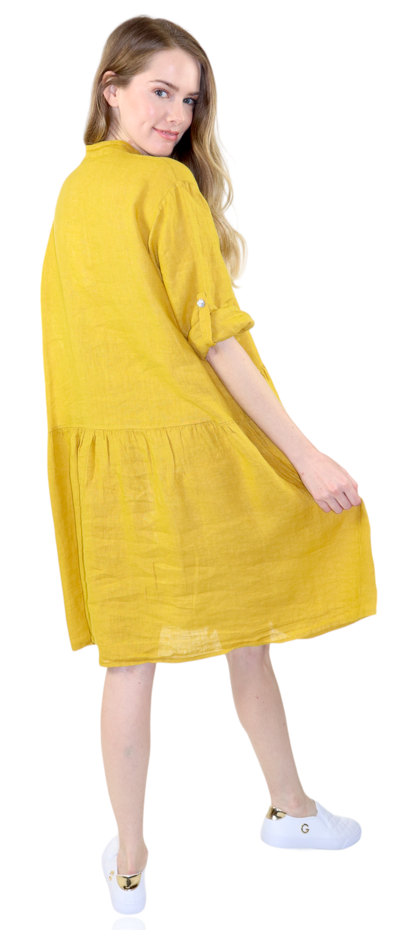 Womens Linen Flowy A Line Button Down Midi Tunic Blouse Dress Top