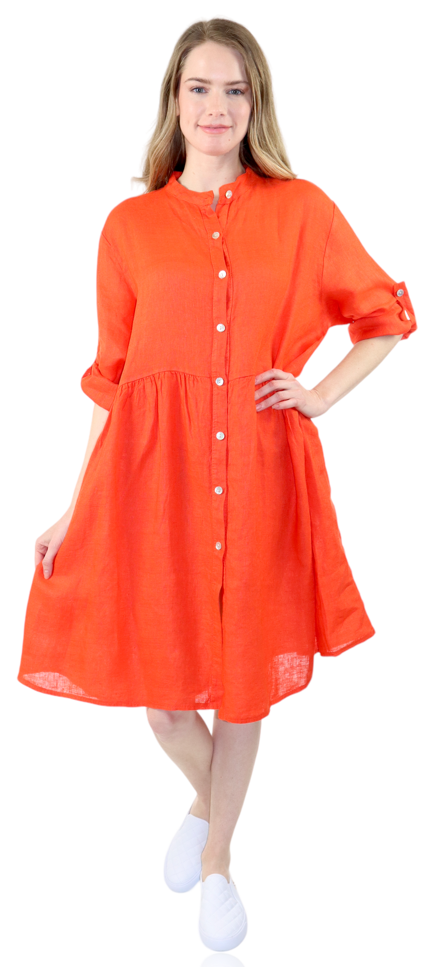 Womens Linen Flowy A Line Button Down Midi Tunic Blouse Dress Top