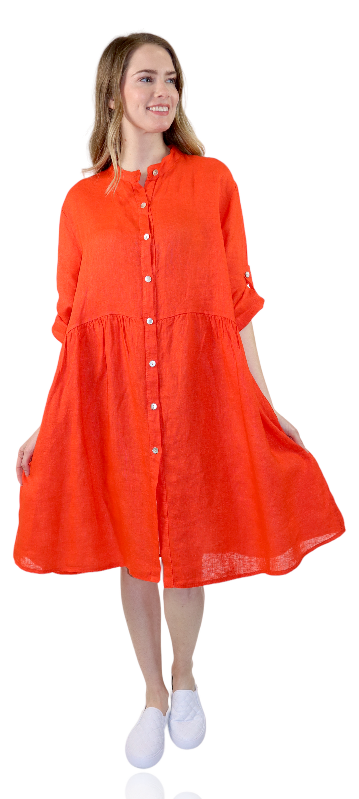 Womens Linen Flowy A Line Button Down Midi Tunic Blouse Dress Top