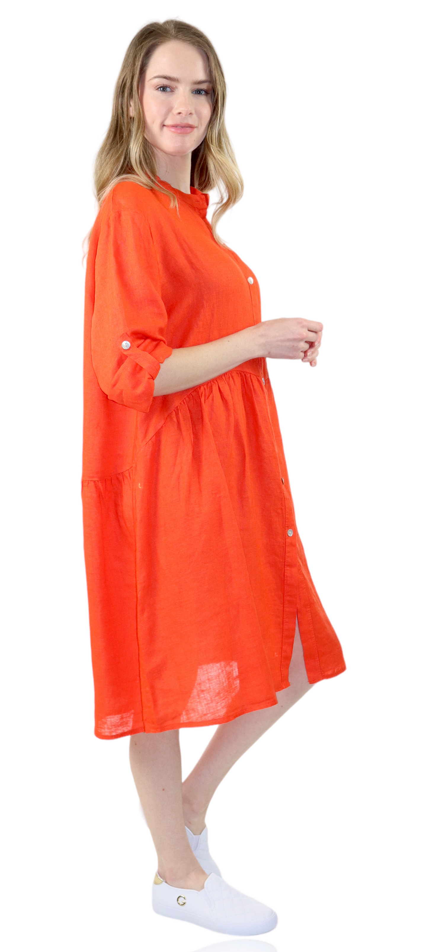 Womens Linen Flowy A Line Button Down Midi Tunic Blouse Dress Top