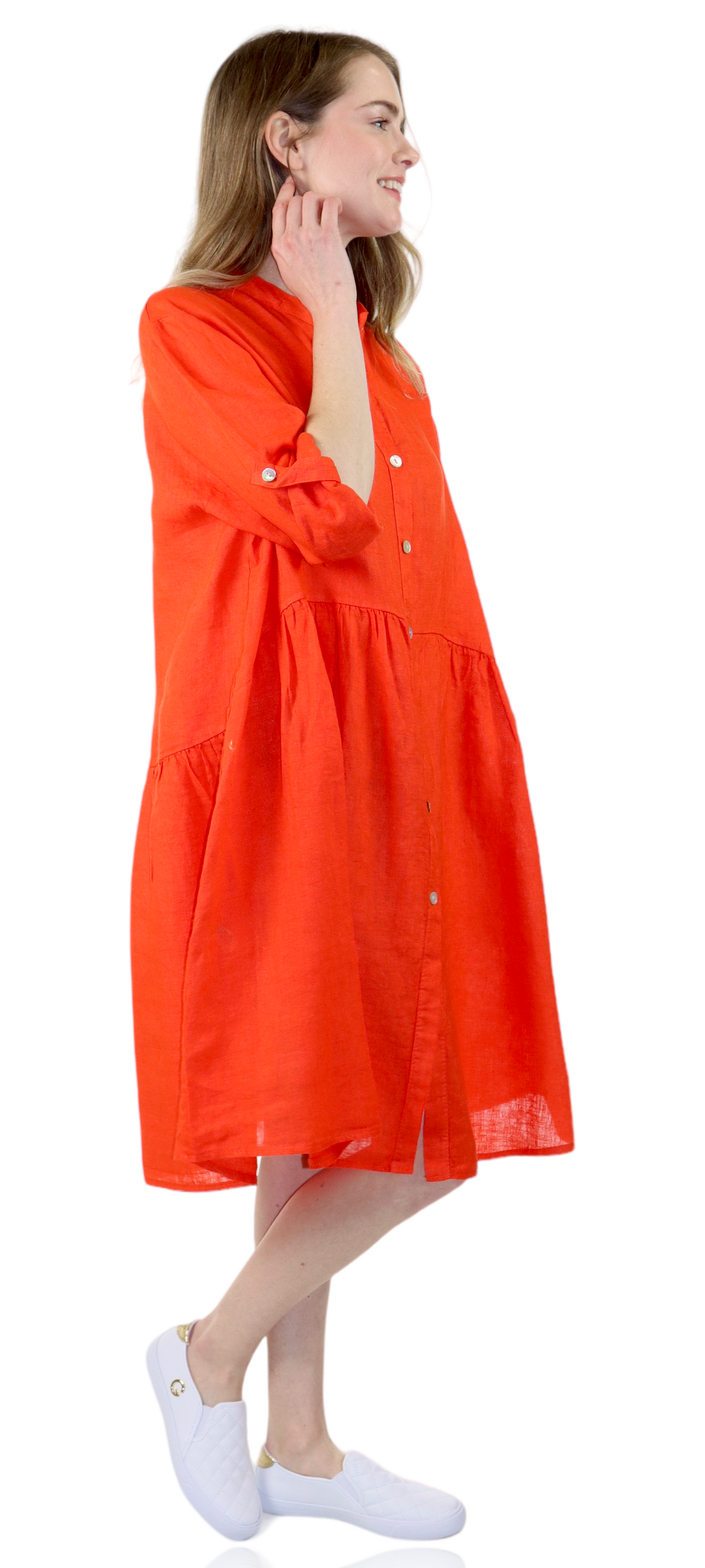 Womens Linen Flowy A Line Button Down Midi Tunic Blouse Dress Top