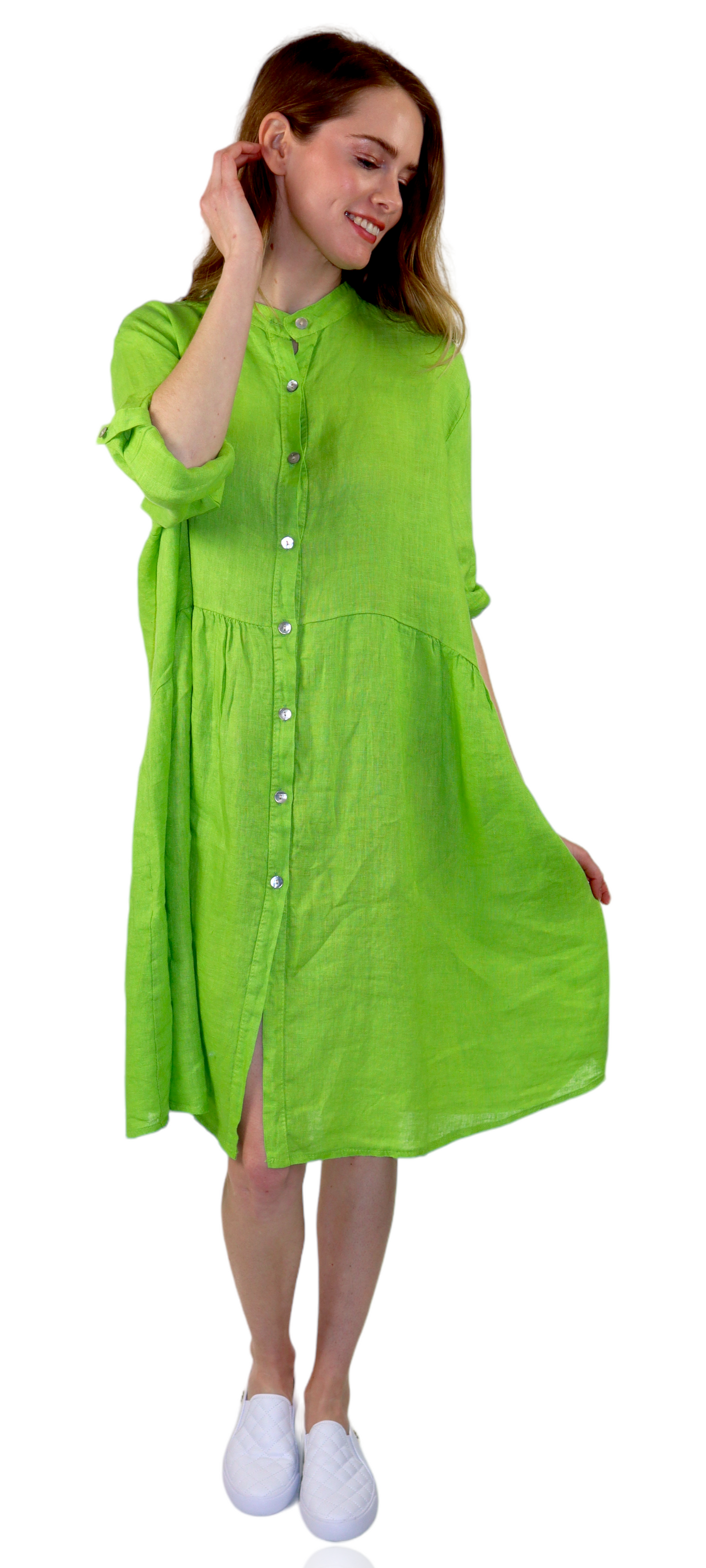 Womens Linen Flowy A Line Button Down Midi Tunic Blouse Dress Top