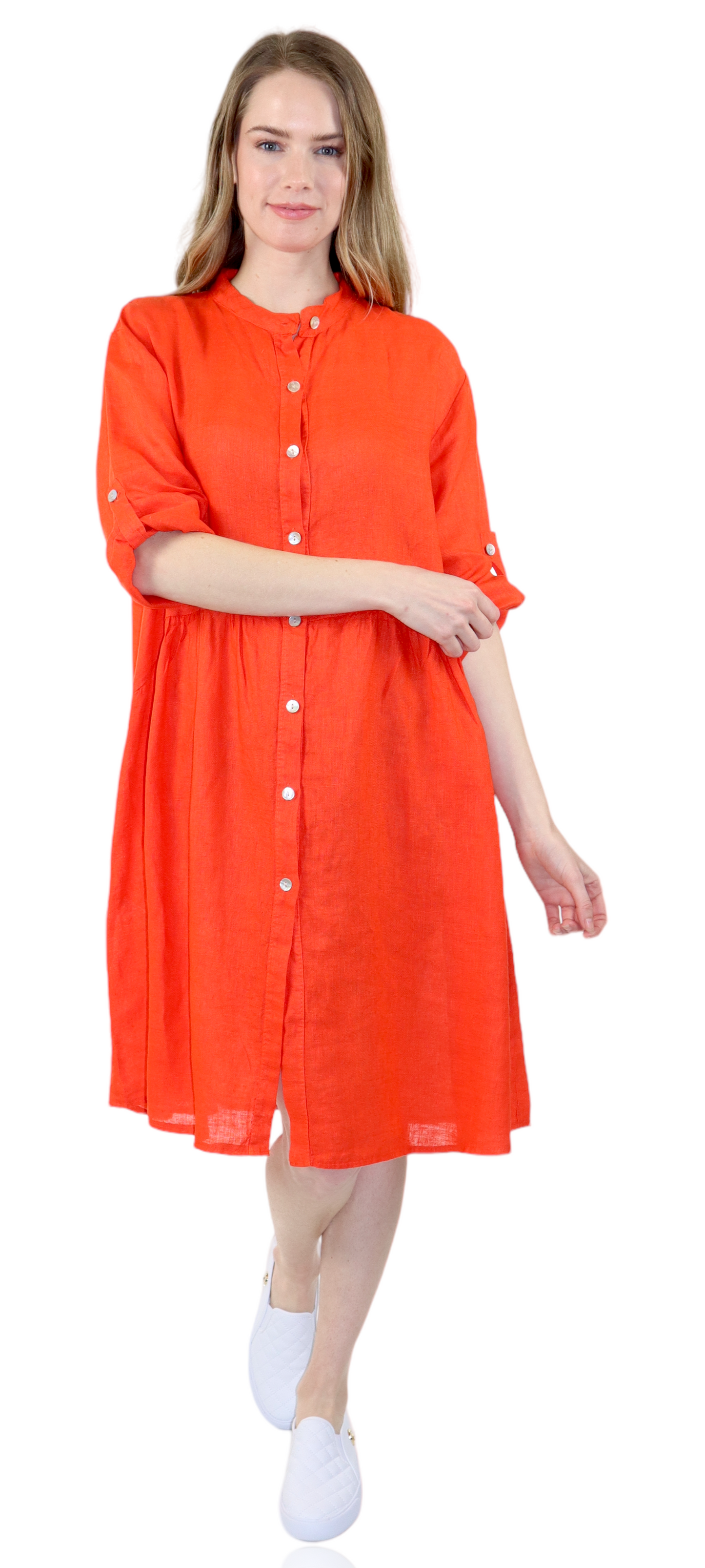 Womens Linen Flowy A Line Button Down Midi Tunic Blouse Dress Top