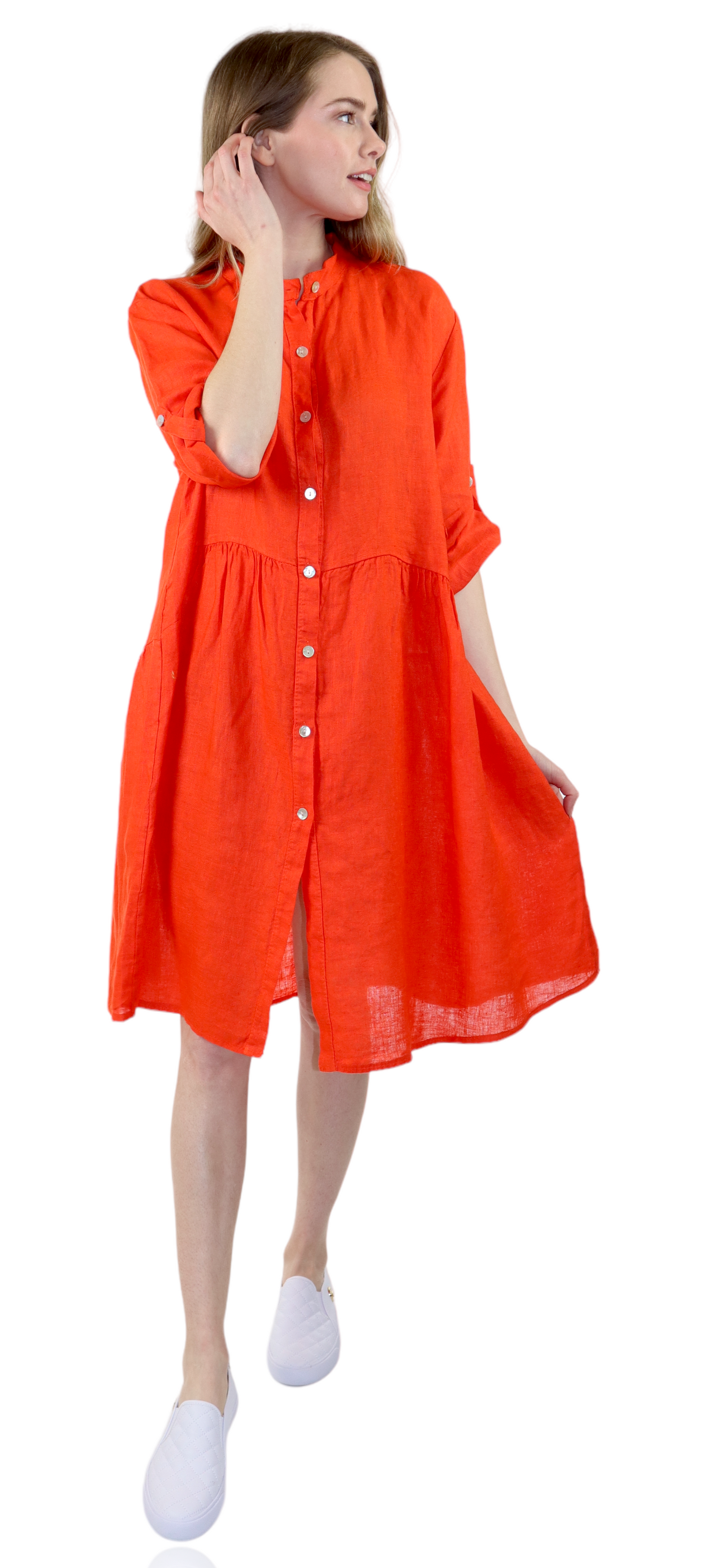 Womens Linen Flowy A Line Button Down Midi Tunic Blouse Dress Top