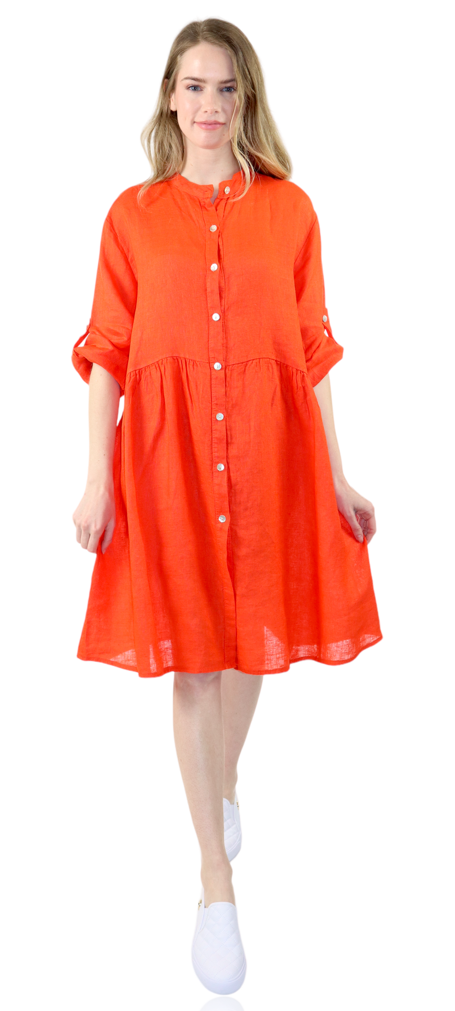 Womens Linen Flowy A Line Button Down Midi Tunic Blouse Dress Top