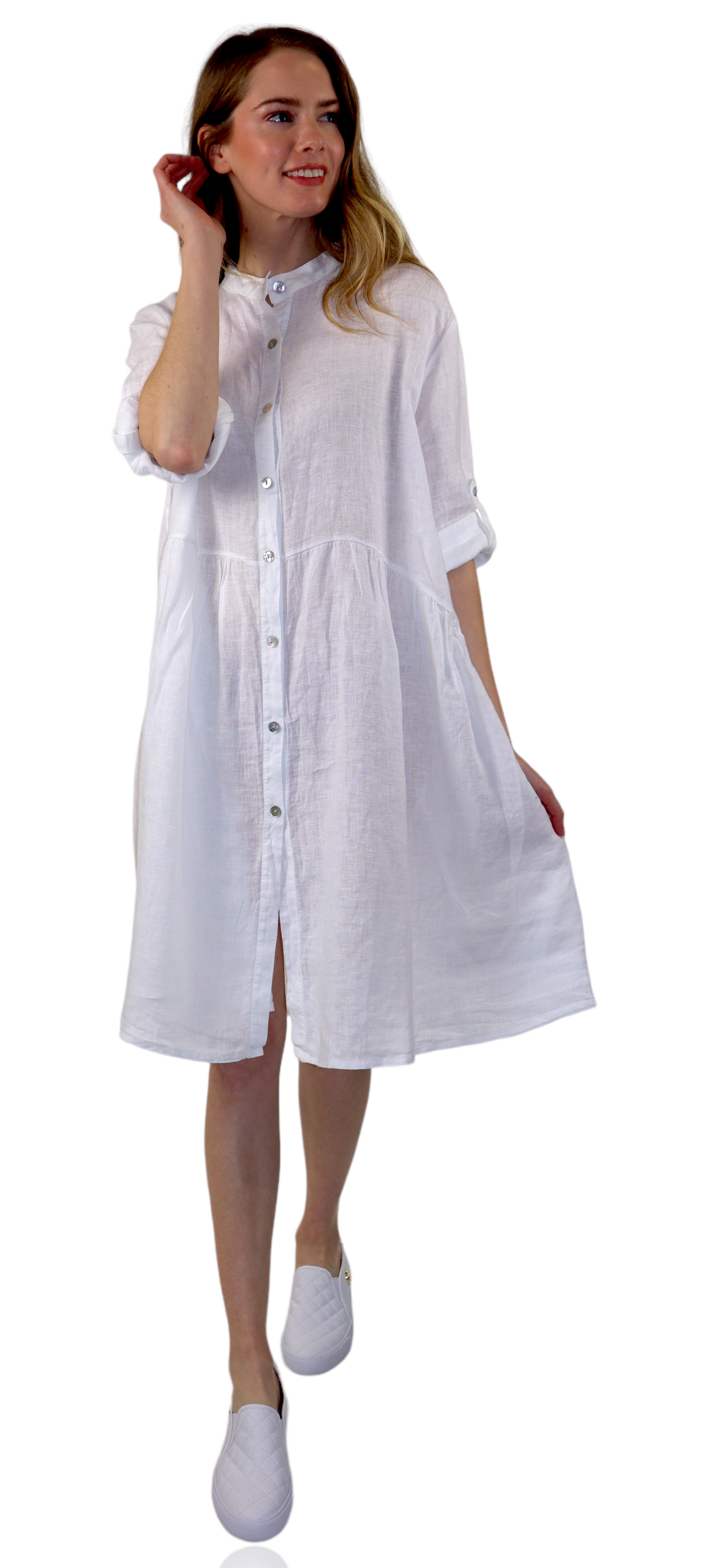 Womens Linen Flowy A Line Button Down Midi Tunic Blouse Dress Top