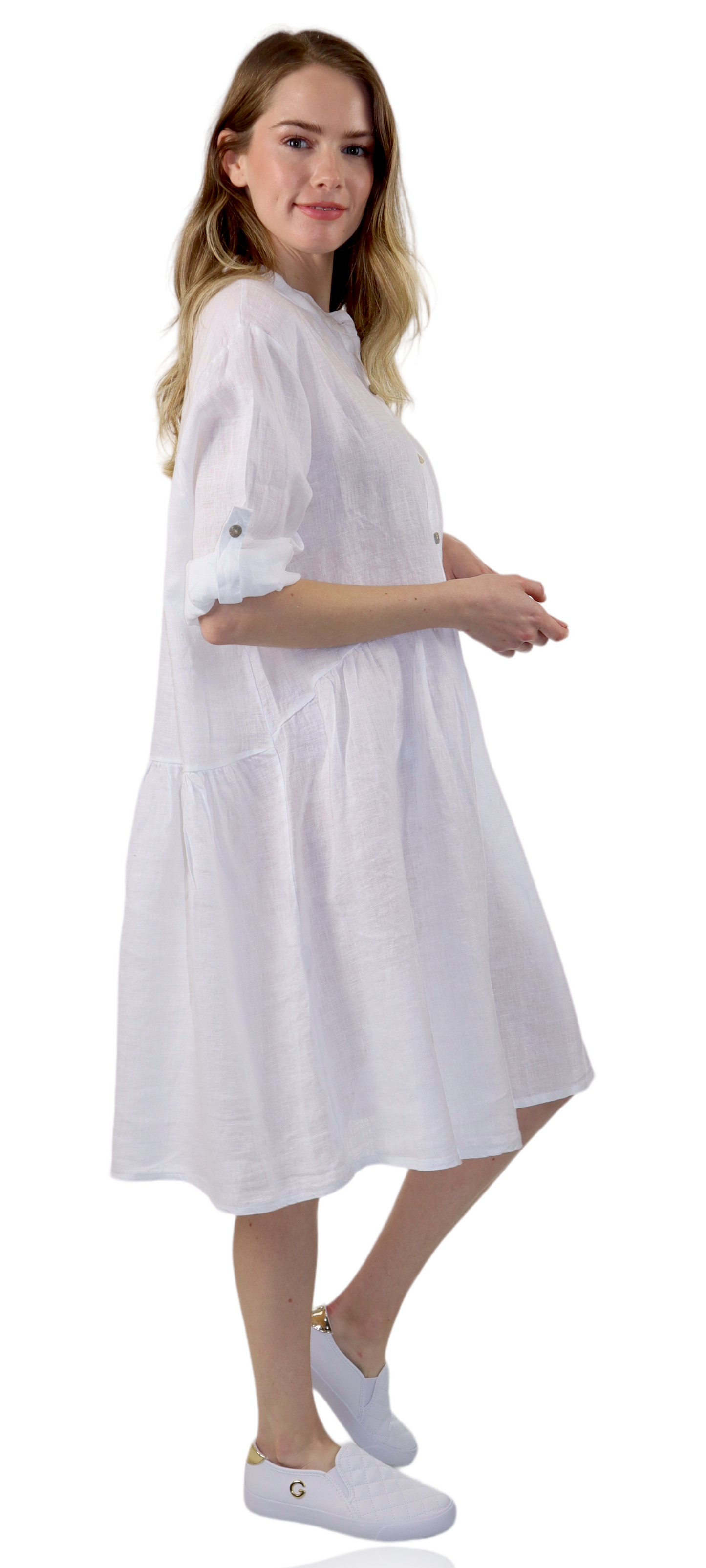 Womens Linen Flowy A Line Button Down Midi Tunic Blouse Dress Top