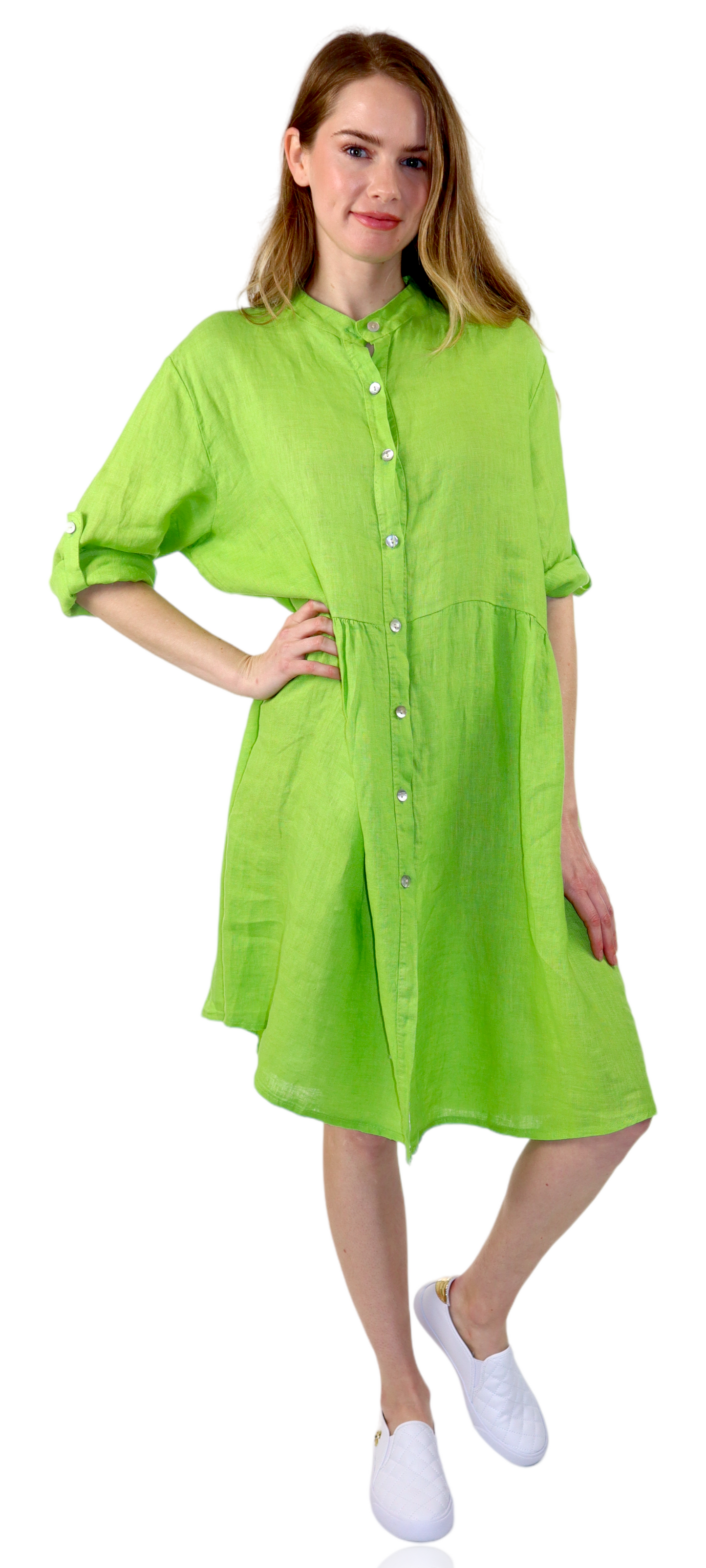 Womens Linen Flowy A Line Button Down Midi Tunic Blouse Dress Top