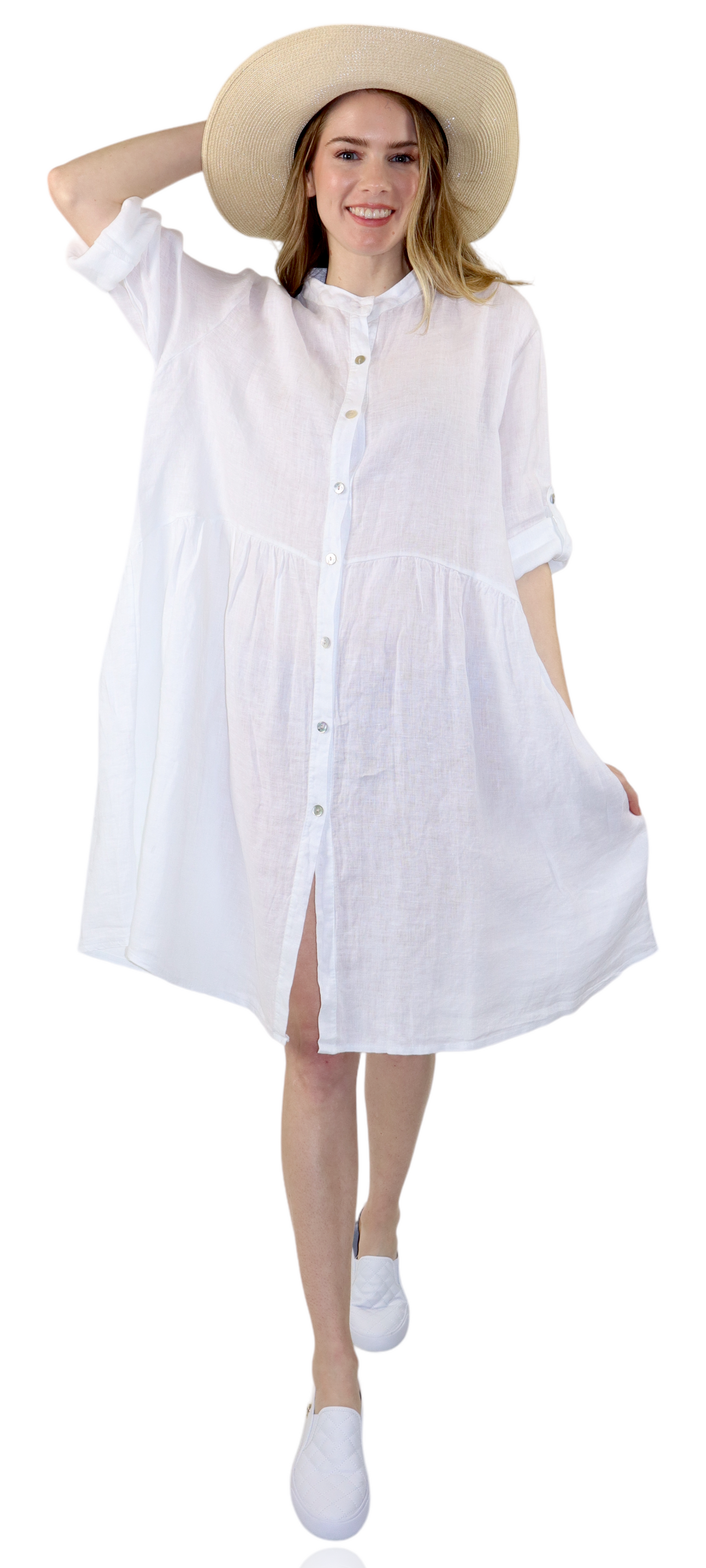 Womens Linen Flowy A Line Button Down Midi Tunic Blouse Dress Top
