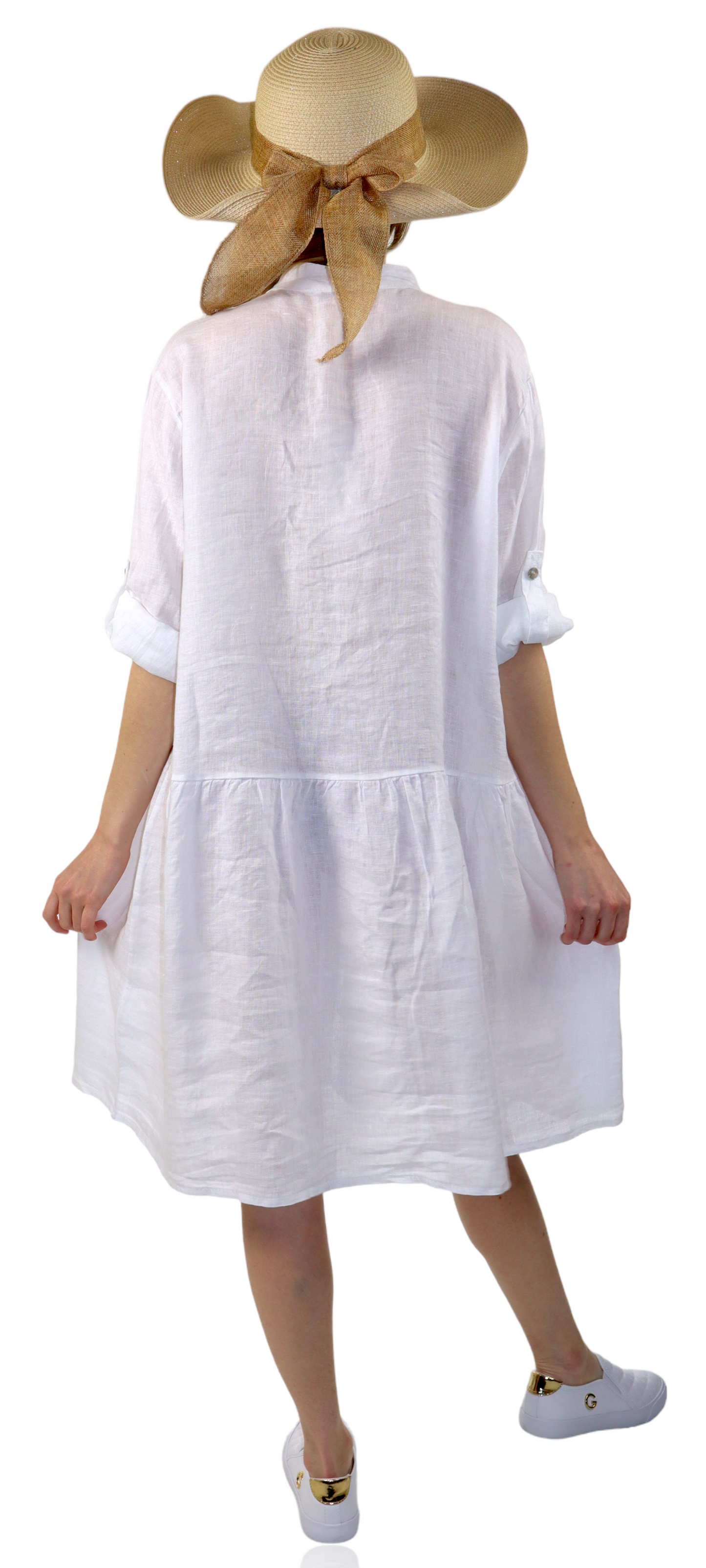 Womens Linen Flowy A Line Button Down Midi Tunic Blouse Dress Top