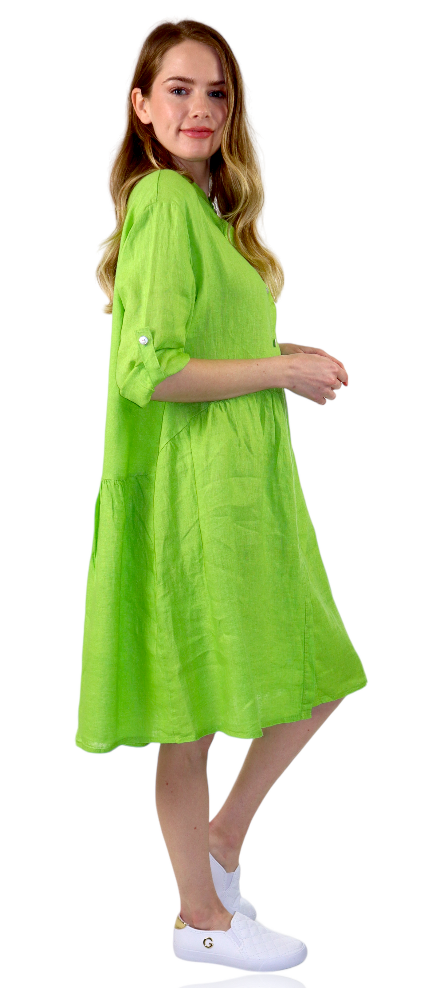 Womens Linen Flowy A Line Button Down Midi Tunic Blouse Dress Top