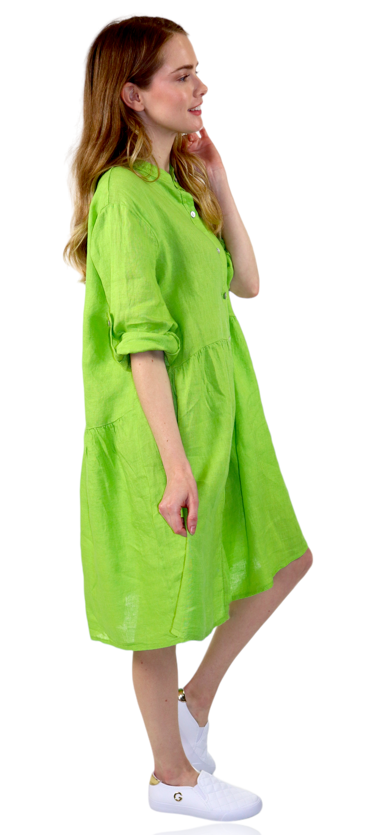 Womens Linen Flowy A Line Button Down Midi Tunic Blouse Dress Top