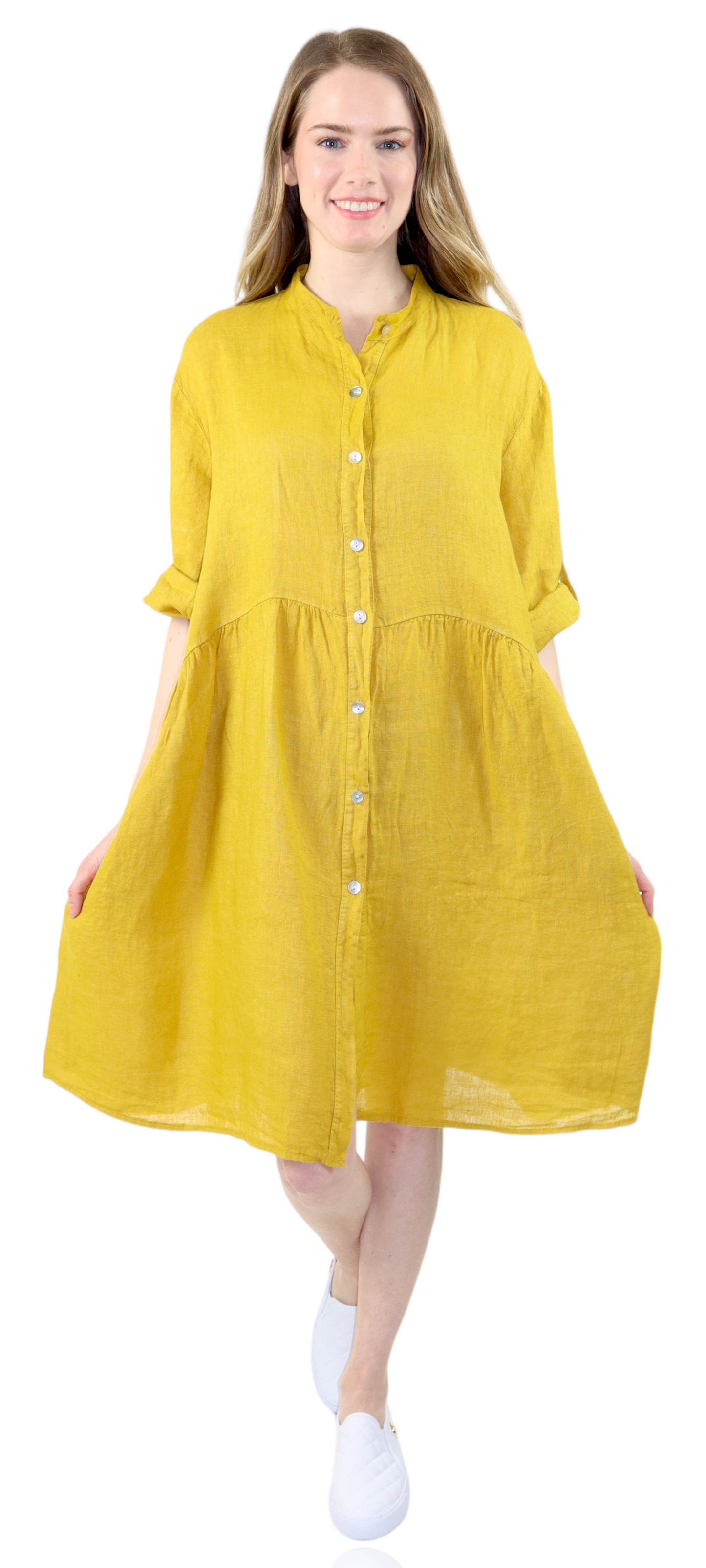 Womens Linen Flowy A Line Button Down Midi Tunic Blouse Dress Top