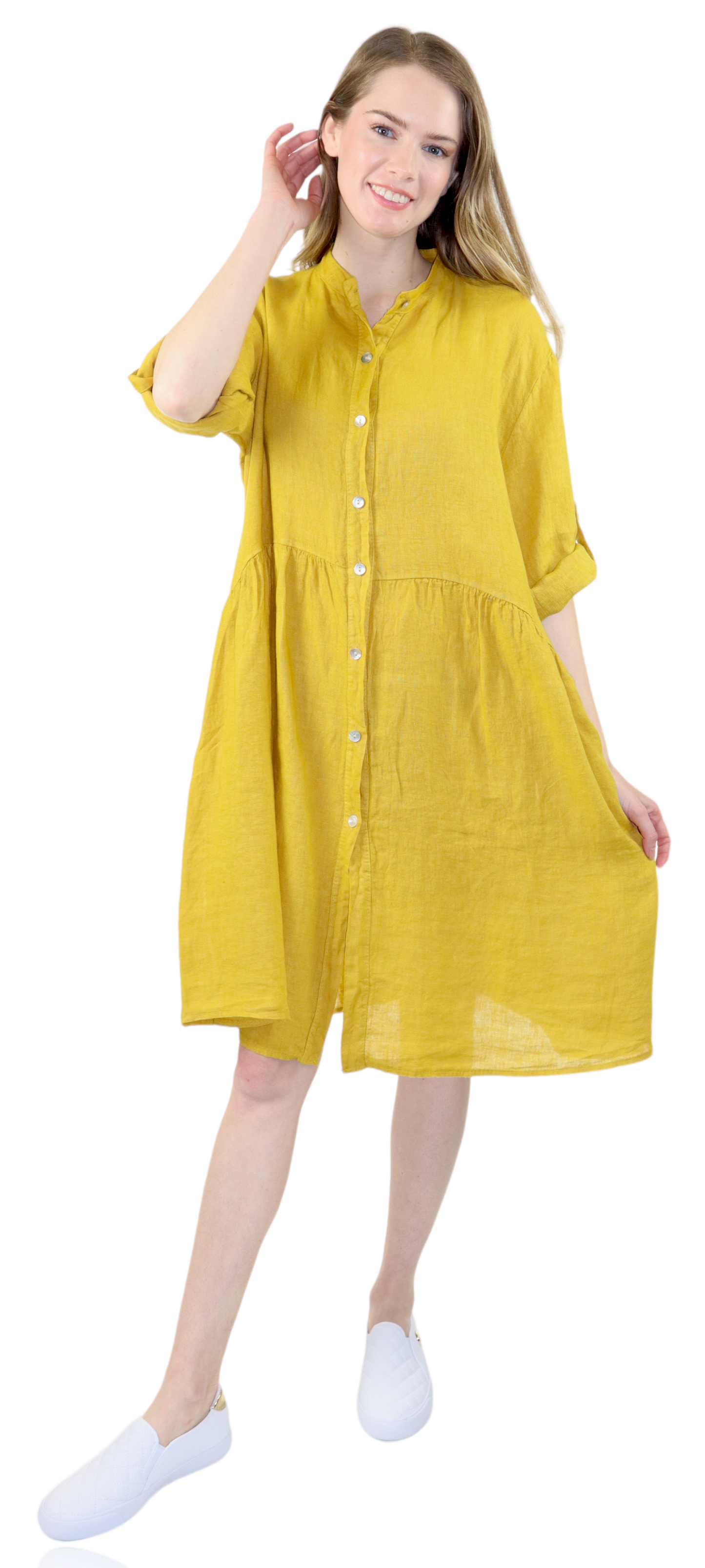Womens Linen Flowy A Line Button Down Midi Tunic Blouse Dress Top