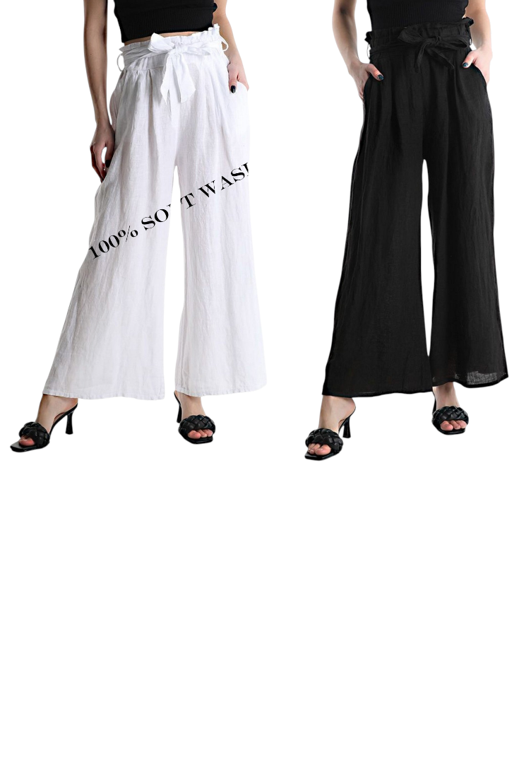 Pure washed linen Pants with the tie belt and elastic waist