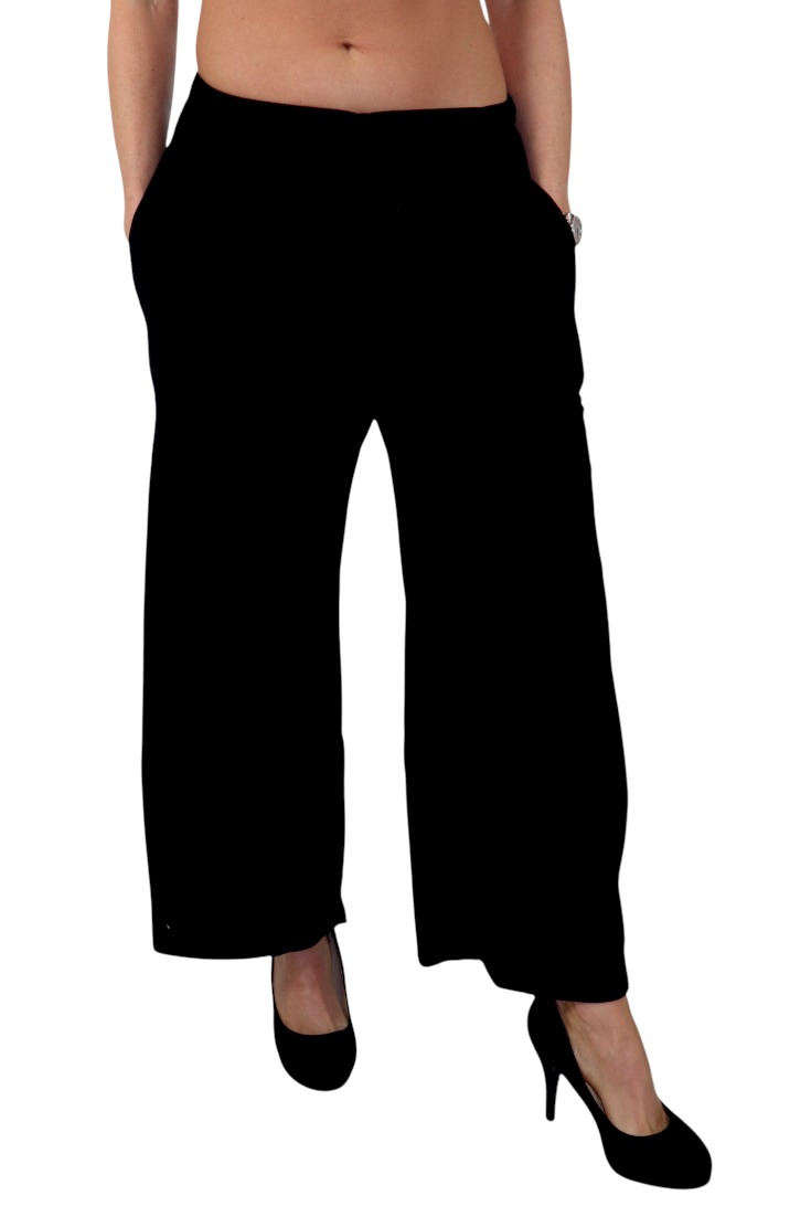 Womens Plus Size Black Bohemian Relaxed Palazzo Pants with Elastic Waist and Side Pockets