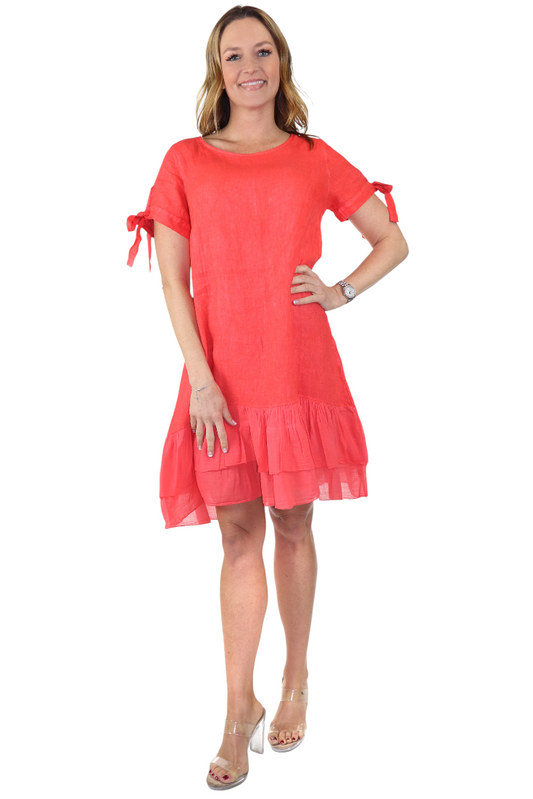 Women's Summer Dress with Bow tie Frills, Made in Italy, Regular and Plus Sizes, 100% Linen, Made in Italy