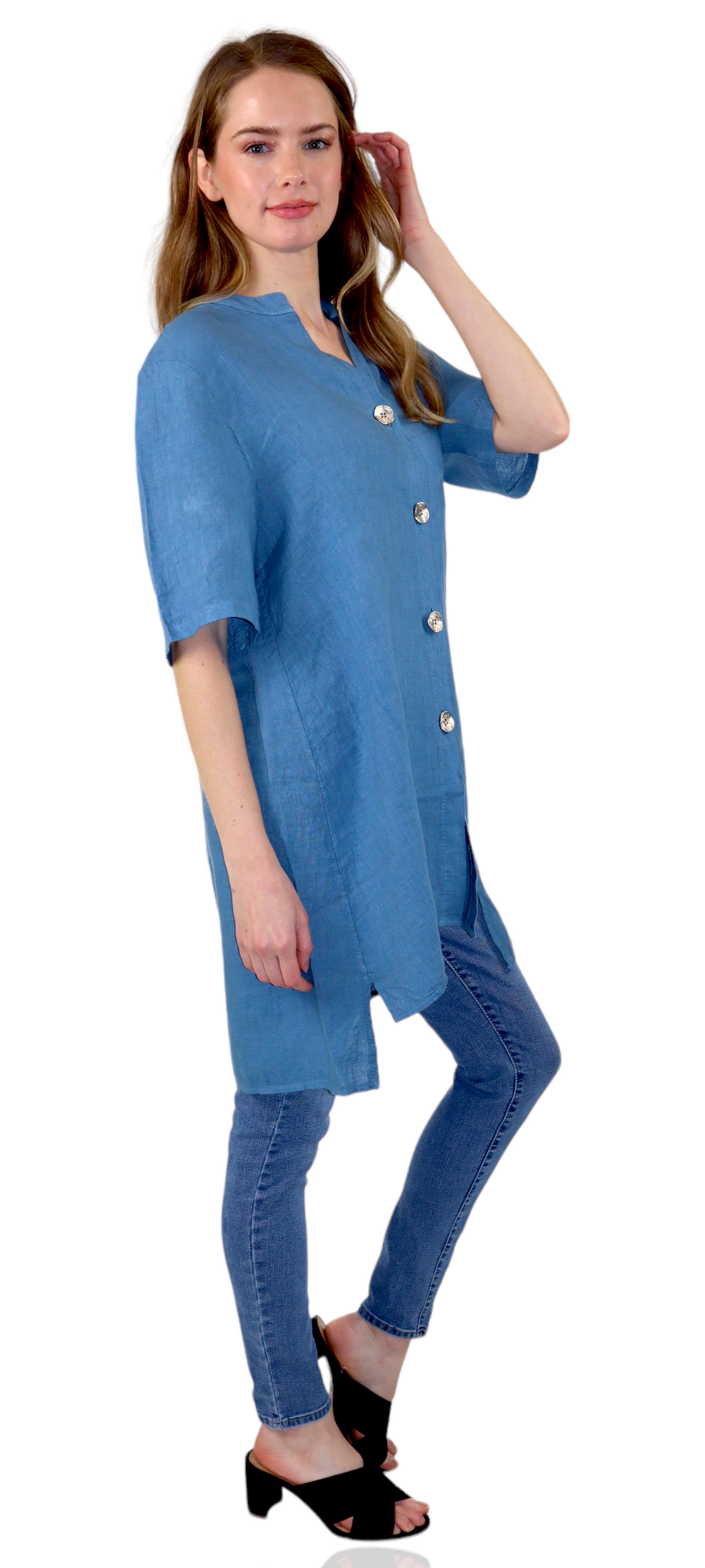 Womens Linen Button Down High Low Tunic Blouse Dress Top