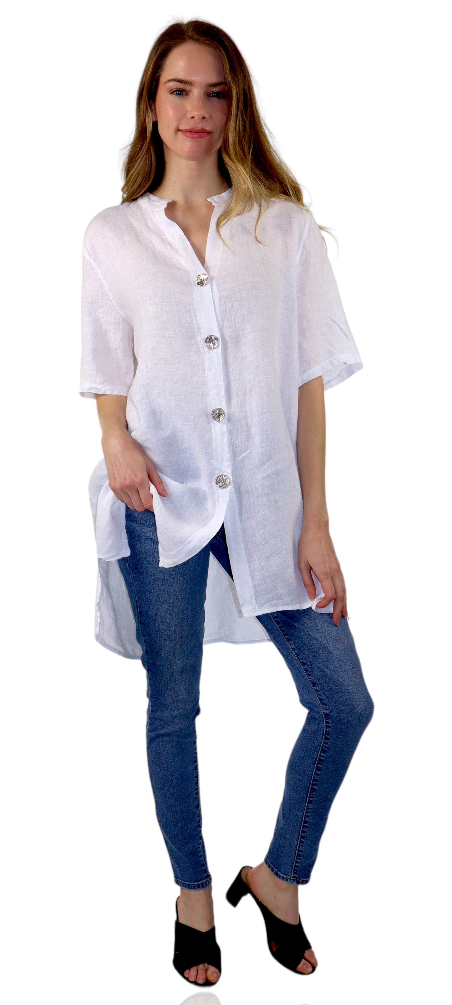 Womens Linen Button Down High Low Tunic Blouse Dress Top