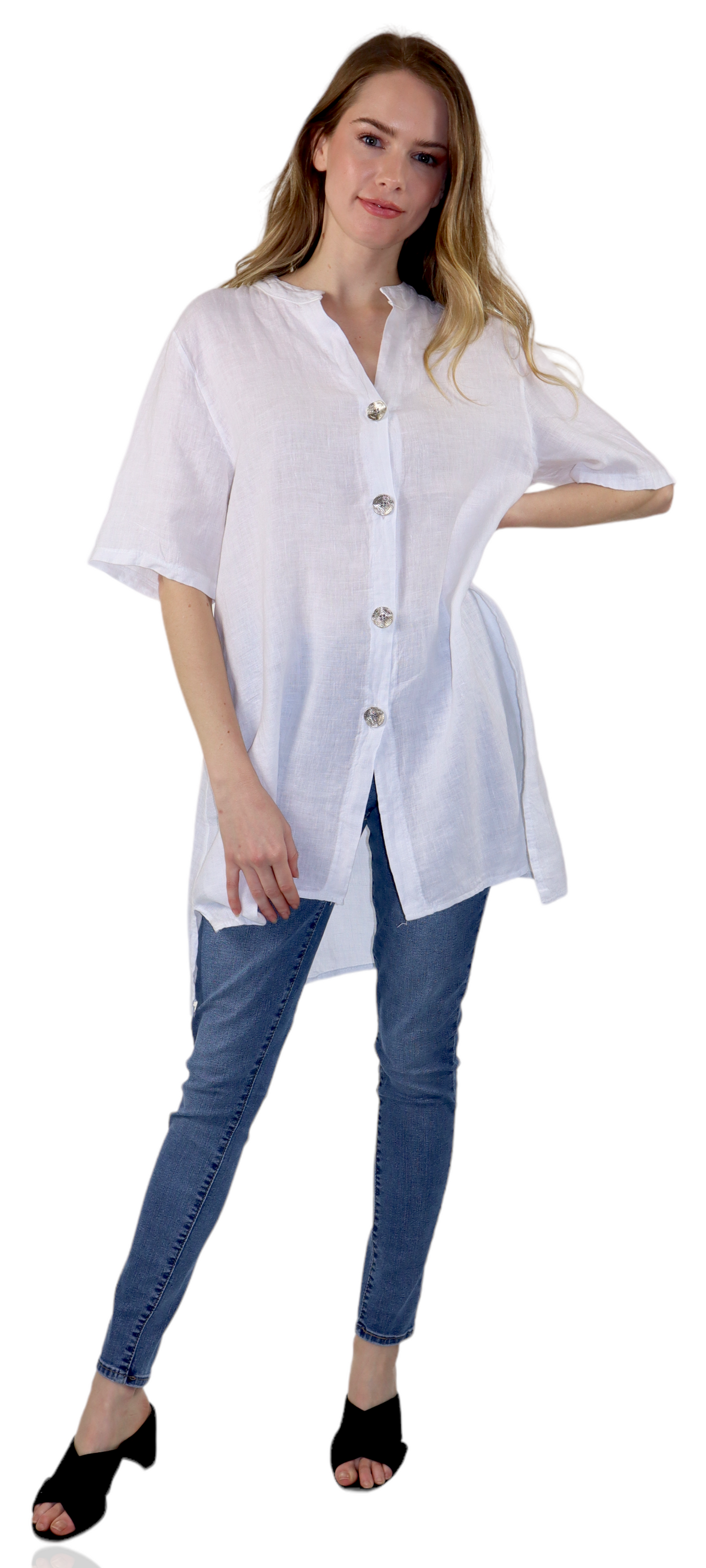 Womens Linen Button Down High Low Tunic Blouse Dress Top