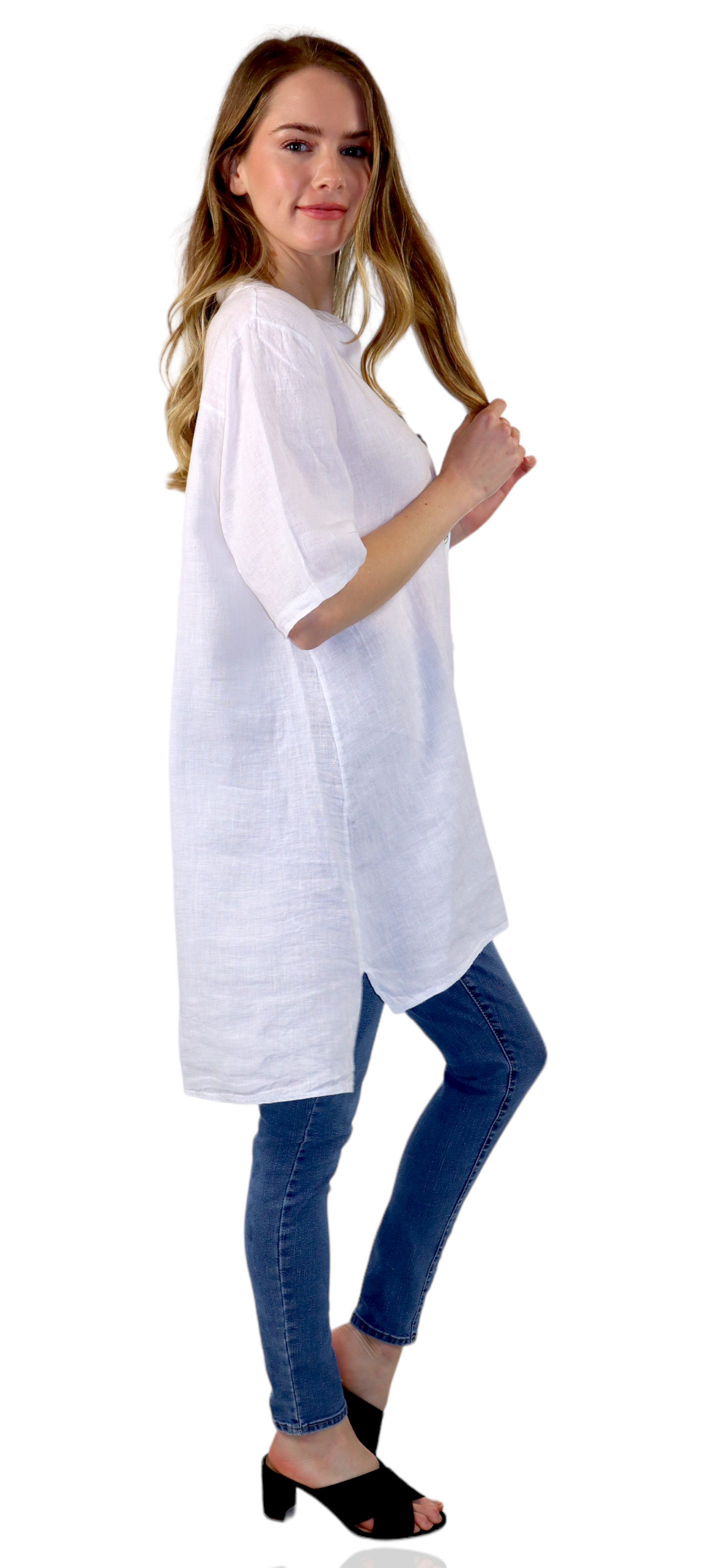 Womens Linen Button Down High Low Tunic Blouse Dress Top