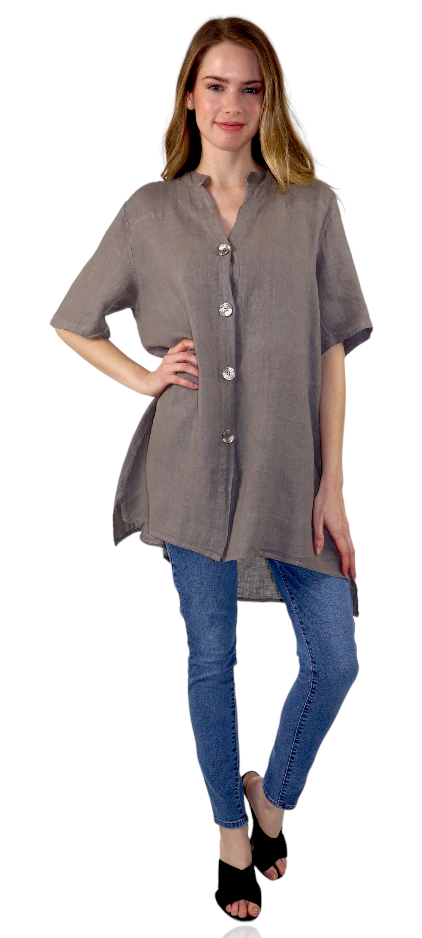 Womens Linen Button Down High Low Tunic Blouse Dress Top