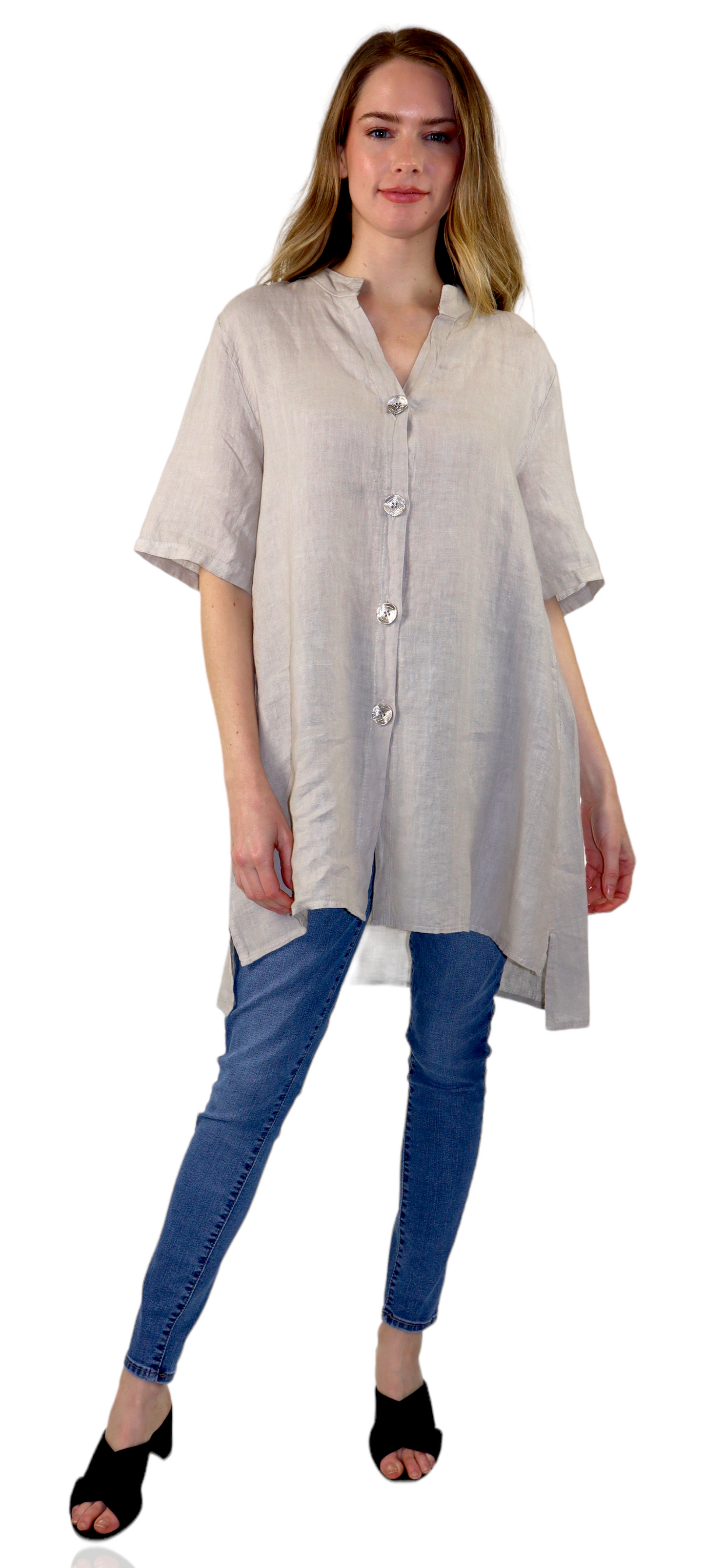 Womens Linen Button Down High Low Tunic Blouse Dress Top