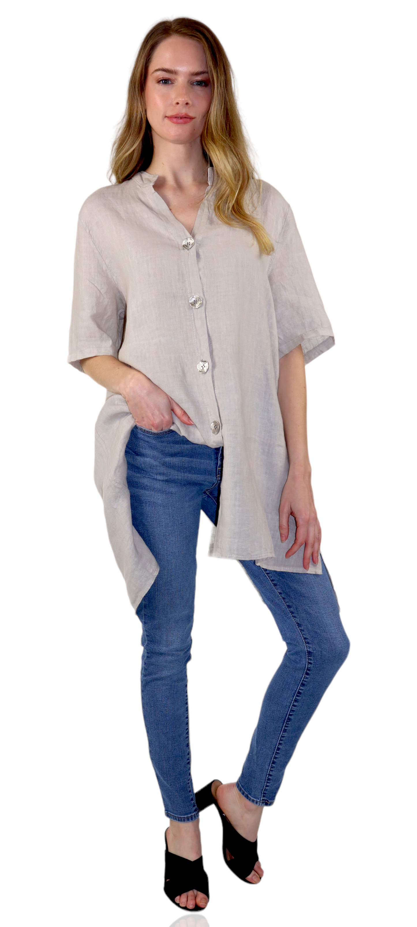 Womens Linen Button Down High Low Tunic Blouse Dress Top
