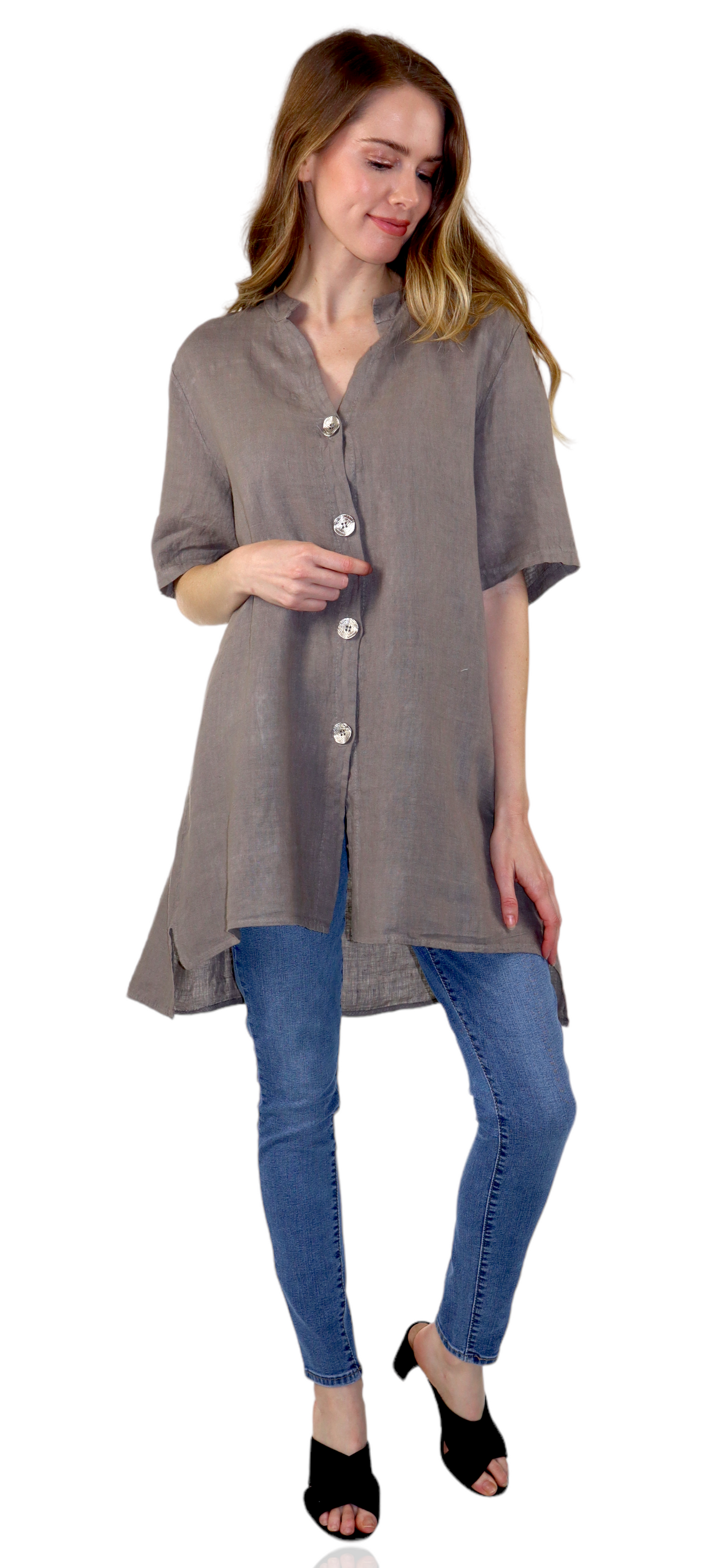 Womens Linen Button Down High Low Tunic Blouse Dress Top
